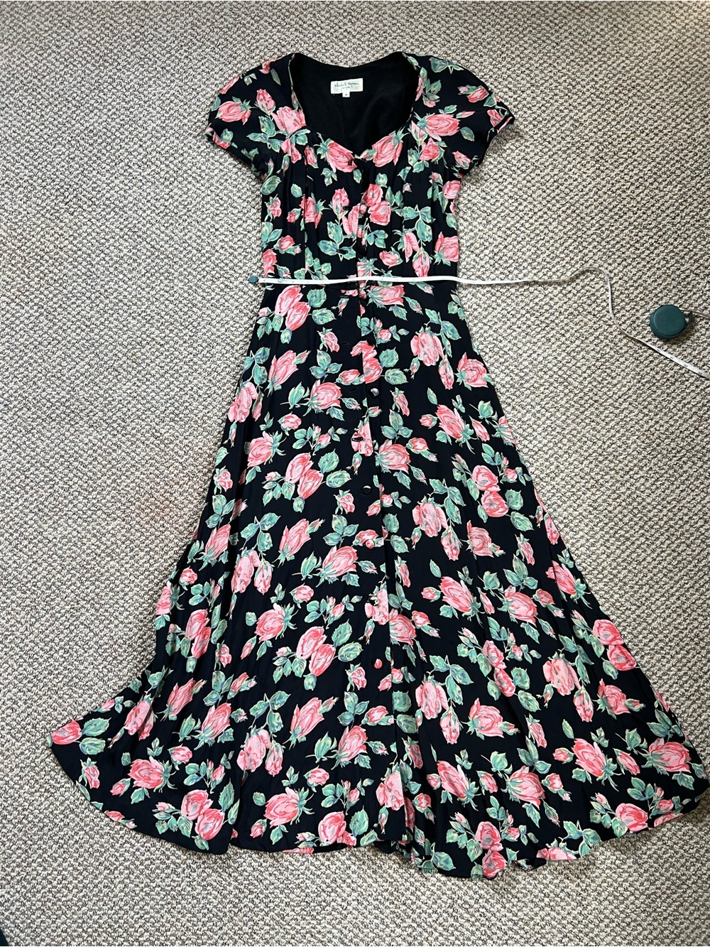 Vintage Elizabeth Wayman NY Black Floral Maxi Dress with Pink Roses Sz 6